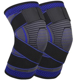 Ruilala Knee Support for Men Women Pack of 2 Sports Knee Support Adjustable Compression Knee Support for ACL, Meniscus Tear, Running, Weightlifting, Volleyball, Basketball (Blue, M)