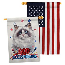 Patriotic Blue Bicolor Ragdoll House Flags Pack Animals Cat Kitten Meow Spoiled Paw Fur Pet Nature Farm Animal Creature USA Embroidery Small Decorative Gift Yard Banner Made in 28 X 40