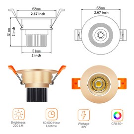 LightingWill 2inch LED Dimmable Downlight, 3W COB Recessed Ceiling Light, Daylight White 5500K-6000K, CRI80, 25W Halogen Bulbs Equivalent, Gold (4Pack)