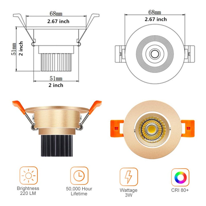 LightingWill 2inch LED Dimmable Downlight, 3W COB Recessed Ceiling Light,