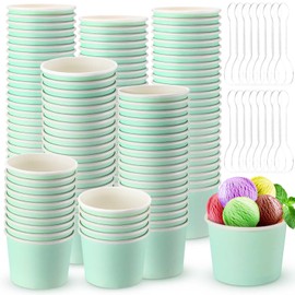 Cunhill 100 Pieces 8 oz Ice Cream Cups with 100 Pieces Spoons Ice Cream Containers Solid Color Disposable Sundae Cups Yogurt Dessert Bowls Party Supplies for Baby Shower Birthday Party (Light Green)