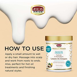 African Pride Moisture Miracle Crema para El Cabello Sin Enjuague Con Aceite de Coco y Aceite de Baobab - Proporciona Hidratación Intensa y Ayuda A Reparar Rizos y Rizos Naturales, Hidrata y Fortalece