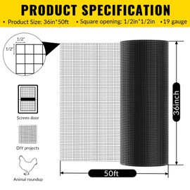 Black Hardware Cloth 36''x50' 1/2 Inch 19 Gauge Vinyl Coated Welded Wire Mesh Roll PVC Hardware Cloth Chicken Wire Fencing for Garden Fence and Home Improvement Project