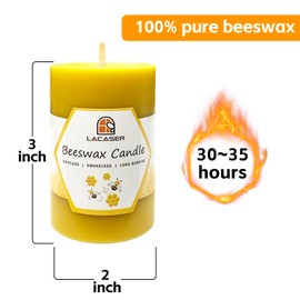 Lacaser Pure Beeswax Candles Bulk, 2"x 3" Pillar Candles(3 Pack), 25~30 Hours Long Burning Each, 75~90 Hours Total for Set, Bees Wax Candles for Home, Dripless&Smokeless