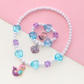 koutey Gilrs Flower Stretch Necklace Little Girl Necklace Bracelet Set, Little Princess Rainbow Mremaid Jewelry Set Play Necklaces Bracelet Rings for Girls Accessories Favors