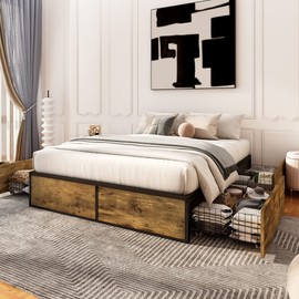 Allewie Platform Full Bed Frame with 4 Large Storage Drawers, Heavy Duty Metal Full Bed Frame with Wooden Footboard & 13 Strong Slat Support/No Box Spring Needed/Noise Free