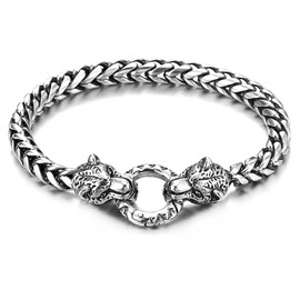 COOLSTEELANDBEYOND Biker Men's Women's Vintage Leopard Head Franco Link Curb Chain Bracelet Stainless Steel with Tribal Spring Ring Clasp, Stainless Steel, Non-applicable