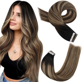 Moresoo Tape in Hair Extensions Human Hair Balayage Tape in Extensions Black Root Ombre to Dark Brown with Golden Blonde Human Hair Extensions Tape in Real Hair 20 Inch 20Pcs/50g #1B/4/14