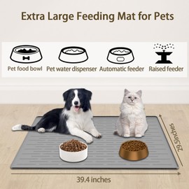 Extra Large Pet Food Mat, 39.4''x29.5'' Largest Pet Feeding Mat, Dog Food Mat for Floors, Waterproof Dog Water Mat, Silicone Dog Bowl Mats Tray, Light Gray