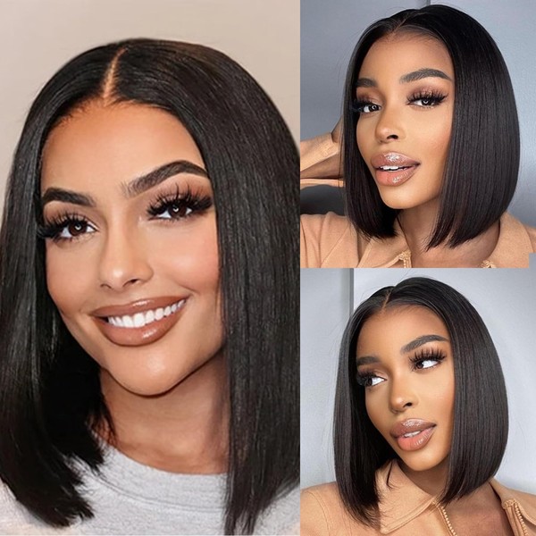 DUAUJUIU Bob Wig Human Hair 13 x 4 Frontal Lace Wig 14 Inch Bob Lace Front Wig Human Hair 150% Density Short Bob Wig for Women Transparent Lace Bob Wig Pre Plucked with Baby Hair Natural Colour