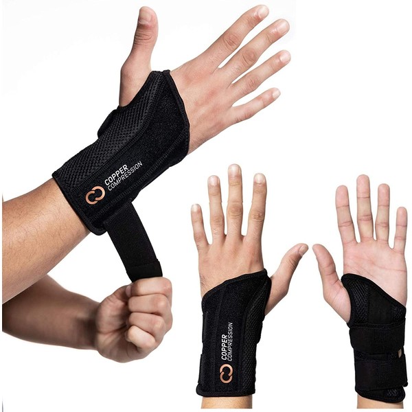 Copper Compression Recovery Wrist Brace - Guaranteed Highest Copper Content Support for Wrists, Carpal Tunnel, Arthritis, Tendonitis, RSI, Sprain. Night Day Splint for Men Women - Fit Left Hand S-M
