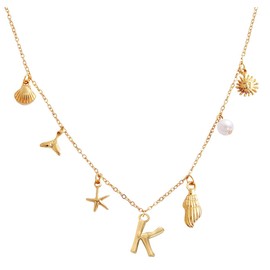 Initial Charms Necklace for Womens Shell Letter Necklace Gold Charms Seashell Starfish Choker Necklace Cute Fishtail Conch Pearl Sun Trendy Boho Summer ocean Beach Jewelry (Letter K Necklace)