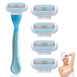 Razor blades, women's razor, smooth replacement blades, women's razor, pack of 5, 3 blades surrounded by protective pads that adapt to the body contour (blue)
