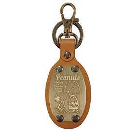 Ushikubo Kogeisha Peanuts Leather Key Chain Oval Snoopy & Charlie Brown Brown