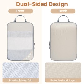 Prezon 8 Set/6 Set/4 Set Compression Packing Cubes for Travel, Lightweight Vacation Travel Essentials, Accessories for Suitcase Organizer Bags Set, Durable Luggage Organizer （6-half mesh-Beige）