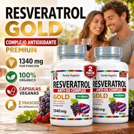 Resveratrol, Gold | Transresveratrol + Polifenoles, Betacaroteno, Licopeno y Vitamina C | Complejo de Antioxidantes | 100% Vegano | Purely Organics (2 Unidades de 90 Cápsulas Veganas.).