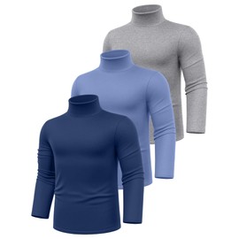 Ficerd 3 Pack Men's Big and Tall Turtleneck Shirts Cotton Long Sleeve Turtle Neck Tops Plus Size Loose Fit Basic Tee(Light Heather Gray, Blue, Light Blue,XX-Large)