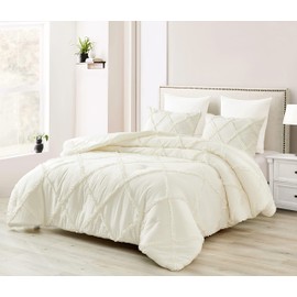 Chezmoi Collection Vivian 3-Piece Diamond Ruffle Quilted Trim Soft Washed Microfiber Comforter Set (Full, Ivory)