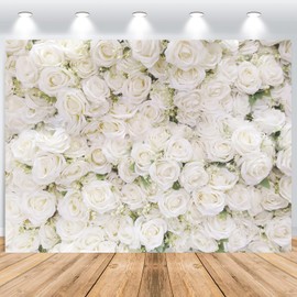 ASDCXZ Flower Wall Background 2.2 x 1.5 m, Romantic White Roses Flowers Wall Photo Wall Background, Vinyl Photo Box Background for Wedding, Birthday, Bridal Shower Party, Portrait Photo Studios
