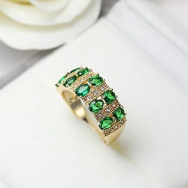 hsiyyecg Fashion Oval Green Paveing Cubic Zircon Emerald Ring,18K Yellow Gold Plated Half Eternity Ring Wedding CZ Bands for Women（9）