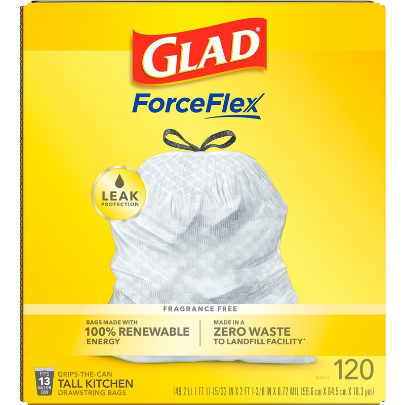 Glad 13 Gallon Tall Kitchen Drawstring Trash Bags, 120 Count