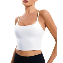 RIOJOY Sports Bras for Women, Lycra Womens Sports Bra with Adjustable Thin Straps, Removable Pads Workout Crop Top, Scoop Neck Built in Bra Tank Tops White