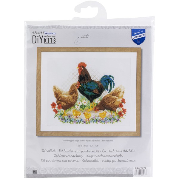 Vervaco PN-0170173 Counted Cross Stitch Kit, Cotton, Rooster And Chickens