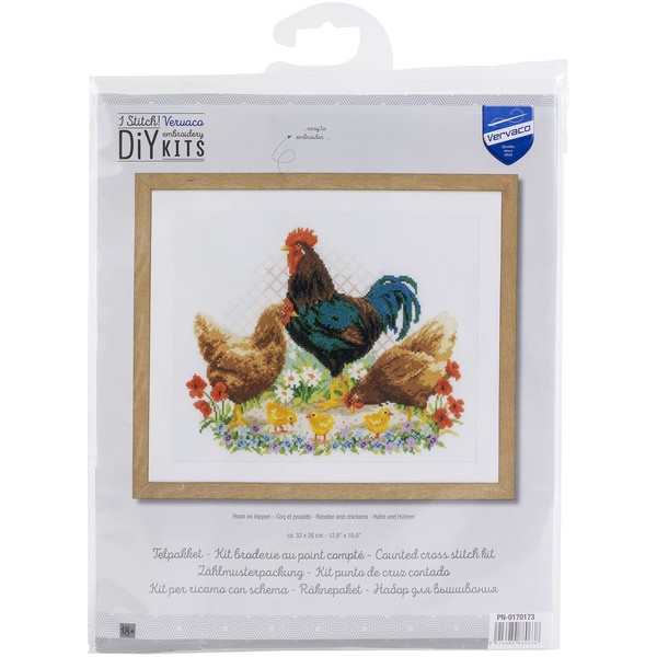 Vervaco PN-0170173 Counted Cross Stitch Kit, Cotton, Rooster And Chickens (14 Count), OSFA