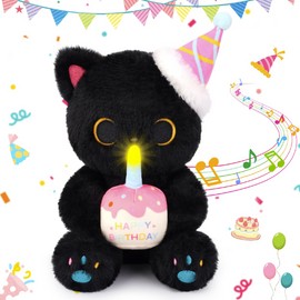 Black Cat Plush - Happy Birthday Singing & Glow Plush, Electric Black Cat Stuffed Animal with Light-Up Cake, Birthday Party Decor Gift for Kids Boys Girls