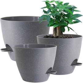 UOUZ Large Self Watering Pots, 12/10/9 Plastic Planters with High Drainage Holes and Deep Reservoir for Indoor Outdoor Garden Plants and Flowers, Grey Speckles