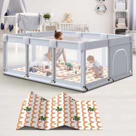 Hiaksedt Baby Playpen 74"x50" Play Pens for Babies and Toddlers, Large Play Yards for Indoor & Outdoor with Zipper Gates, Breathable Mesh with Mat（Gray