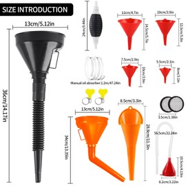 Pack of 10 Funnel Set, Flexible Plastic Filling Funnel Set Funnel with Hose, Oil Funnel with Removable Spout and Long Oil Filling Funnel for Car, Motorcycle