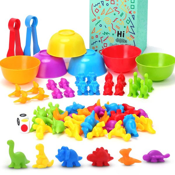 Japace Montessori Toys 58 Pieces, Rainbow Counting Dinosaurs with Color Matching Sorting Cups, Dices and Tweezers, Math Skills Game Educational Sorting Toys & Gifts for 2 3 4 Toddlers