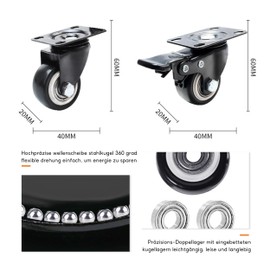 Set of 4 Furniture Castors, Transport Castors, Furniture Castors, 360° Rotatable, Swivel Castors, Fixed Castors, Rubber Castors, 40 mm, Up to 50 kg per Wheel, Swivel Castors for Indoor and Outdoor Use