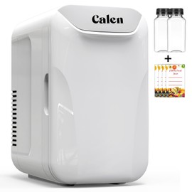 CALEN Mini Fridge with 2 Bottles, 6L/8 Cans Mini Fridge for Bedroom, Skincare Fridge 110V AC/12V DC Small Refrigerator for Food, Beverages, Cosmetics, Portable Mini Refrigerator for Office, Dorm, Car