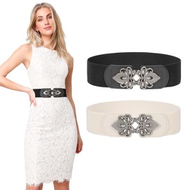 LEACOOLKEY 2 Pieces Women's Wide Elastic Belt Stretch Elasticated Waist Belts Cinch Belt Vintage Belt Women Belts for Dresses(Suitable for waist 34''-41'',Black+Beige)