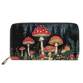 HUGS IDEA Red Mushroom Wallet for Women Pu Leather Long Purse Large Capacity Cash Credit Cards Coins Organizer Holders Lightweight Slim Clutch Purse for Outdoor