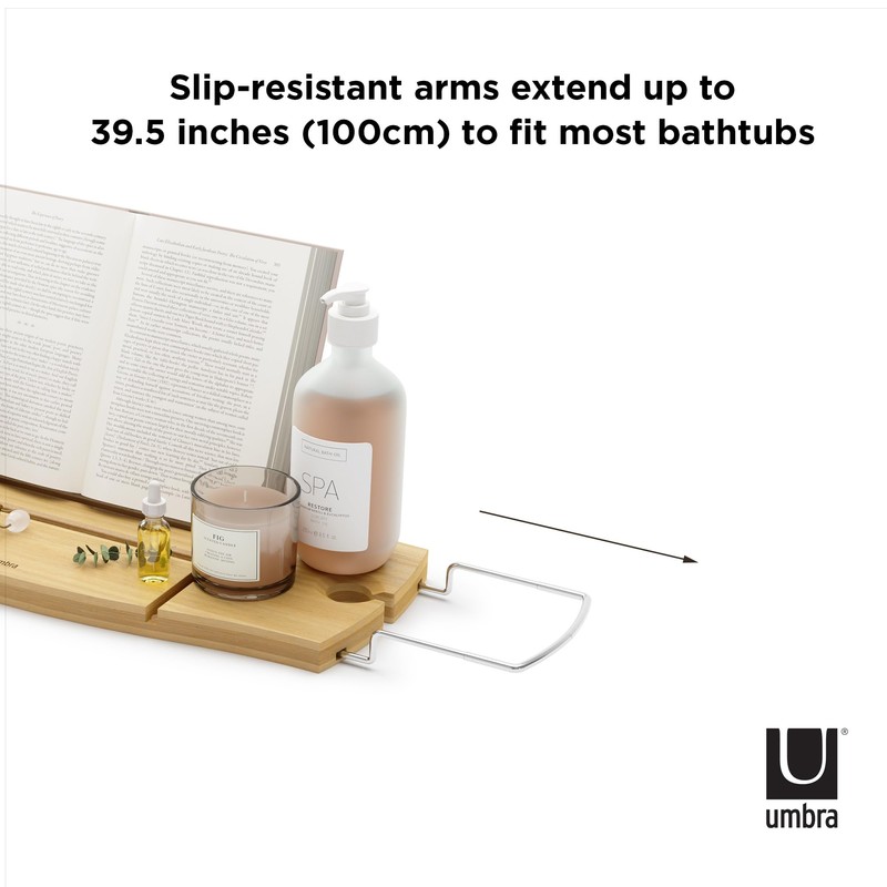 Umbra Aquala, Bamboo and Chrome Extendable Bathtub Tray Caddy, Natural