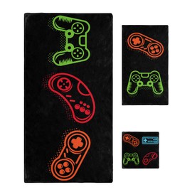Video Game Bath Towels Set of 3 with Bath Towel Hand Towel Washcloth, Play Handle Black Splicing Towel Sets for Bathroom/Kitchen/Beach, Soft Absorbent Luxury Bath Towels