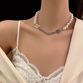 Yienate Punk Beads Choker Necklace Vintage Silver Initial Pendant Necklace Chunky Cuban Link Chain Choker Baroque Beads Necklace Jewellery for Women and Girls