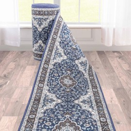 Well Woven Custom Size 22" Wide Runner Non-Slip Rubber Backed Machine Washable Hall - 26 Inches Wide x 5 Feet Long Runner (26" x 5' Runner) Rug Eugene Blue Oriental Medallion Indoor Outdoor Low Pile