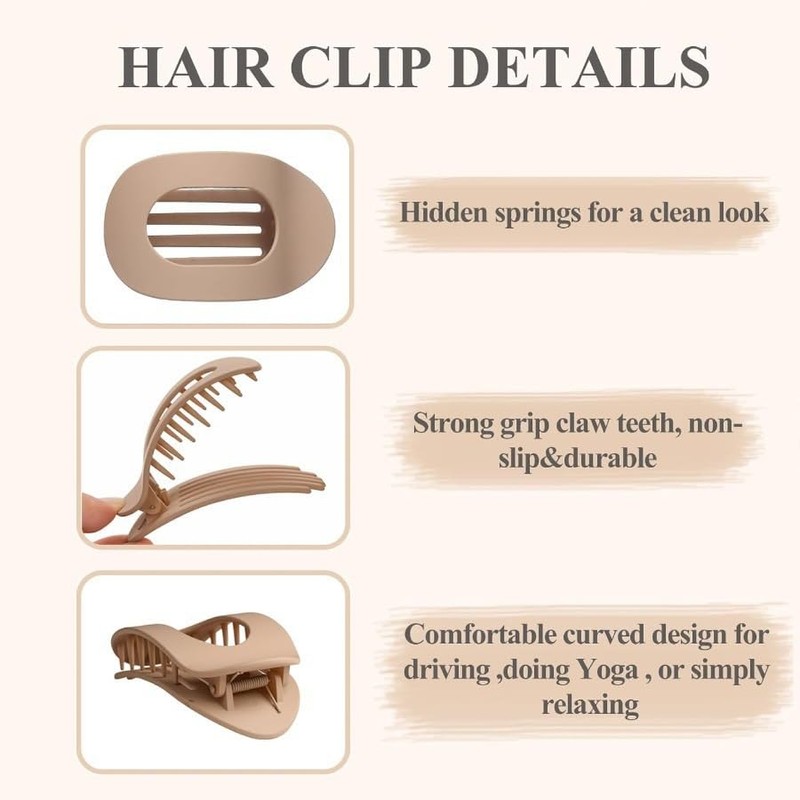 6 PCS Flat Claw Clips for Women, Curved Design, French