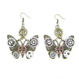 MINIDUO Steampunk Gears Earrings,Antique Bronze Vintage Butterfly-shape Exaggerated Drop Dangle Earring for Women