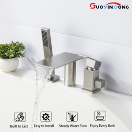 GUOYINDONG Waterfall Roman Tub Faucet with Sprayer, Deck Mount Tub Faucet Single Handle 3 hole Roman Tub Faucet High Flow Bathtub Faucet Set, Brushed Nickel