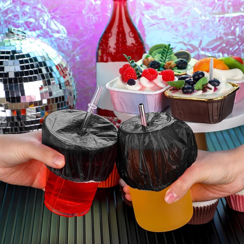 Baderke 100 Pcs Scrunchie Drink Covers Bulk Disposable Plastic Covers