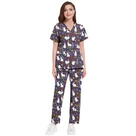 Meichoon Women Healthcare Uniform Cartoon Print V Neck 2 Pocket Short Sleeve Polyester Scrubs Lightweight Anti Pilling Four Seasons