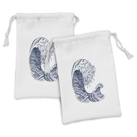 Ambesonne Sea Fabric Pouch Set of 2, Hokusai Inspired Atlantic Ocean Wave Colored Marine Hand Drawn Sketch Plain Background, Small Drawstring Bag for Toiletries Masks and Favors, 9" x 6", Night Blue