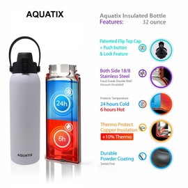 New Aquatix (White, 32 Ounce) Pure Stainless Steel Double Wall Vacuum Insulated Sports Water Bottle Convenient Flip Top Cap with Removable Strap Handle - Keeps Drinks Cold 24 hr/Hot 6 hr