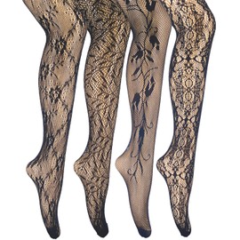 MANZI Womens Fishnet Tights Patterned Stockings 4 Styles Stretch Fishnets Panty Hose Flower