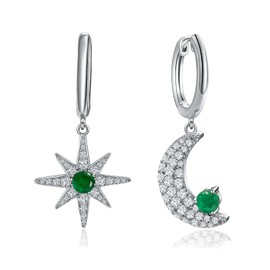 CAIDIKA Moon and Star Earrings for Women Dainty and Cute Sterling Silver Lever Back Huggie Hoop Emerald Green Drop Earrings for Wedding Party